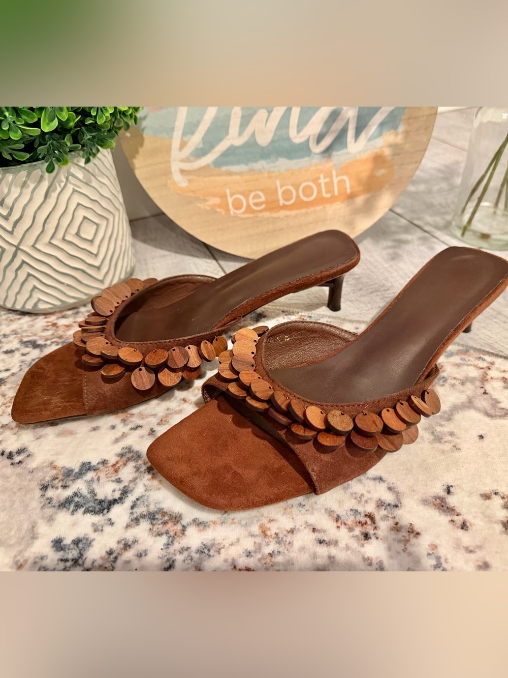 Brown Suede Wood Disc Kitten Heel Mules Size 10
